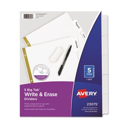 Avery Dennison Avery, WRITE & ERASE BIG TAB PAPER DIVIDERS, 5-TAB, WHITE, LETTER 23075